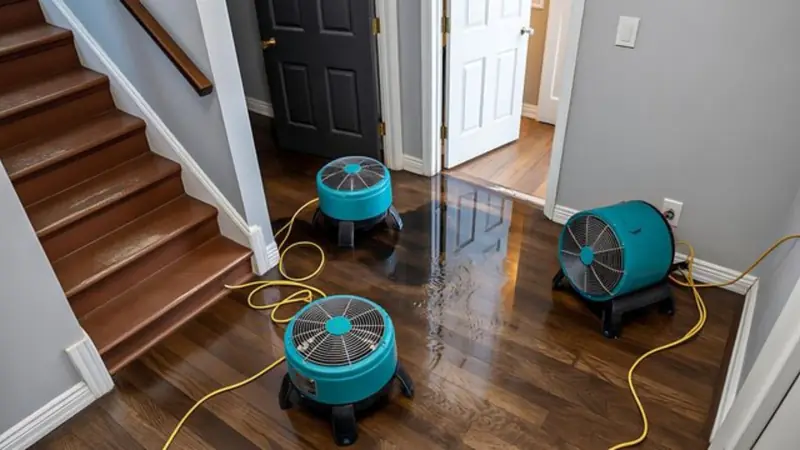 Two fans drying a wood floor at the bottom of a staircase