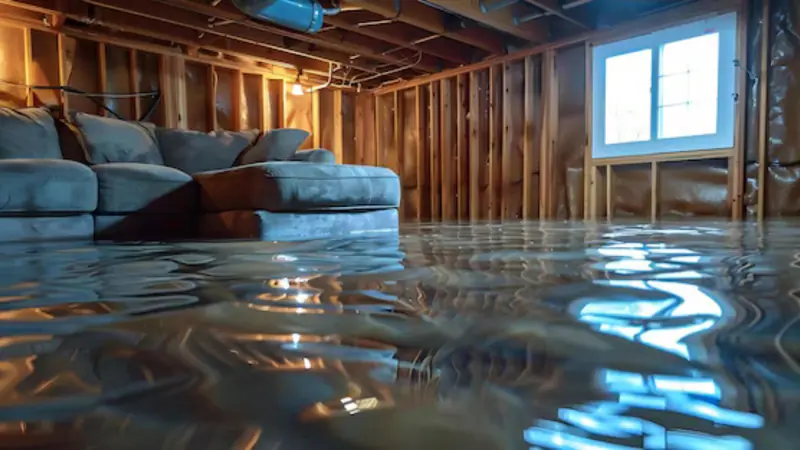 Flooded basement with exposed wall framing and a sofa sitting in standing water
