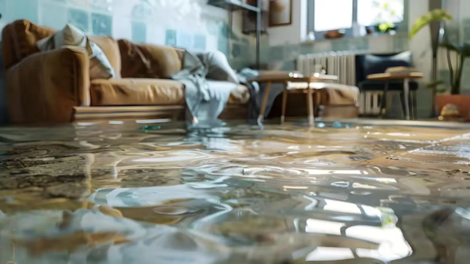 Water covering the floor of a living room with a sofa in the background