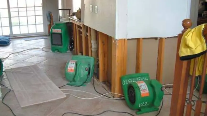 Green air movers and a dehumidifier in a room with the lower wall sections cut out