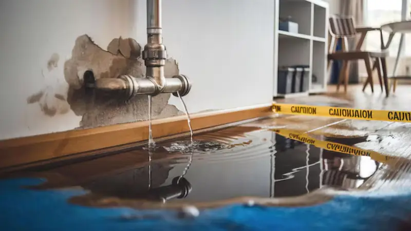 Leaking pipe dripping onto a baseboard with caution tape across the wet floor