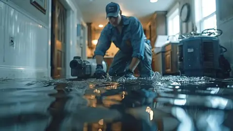 Technician working with a pump in shallow water inside a home