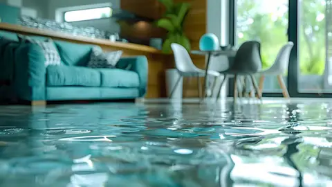 Water covering the floor of a living area with a teal sofa