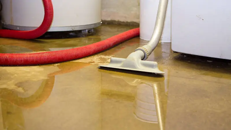 Wet vacuum with a red hose extracting water from a floor