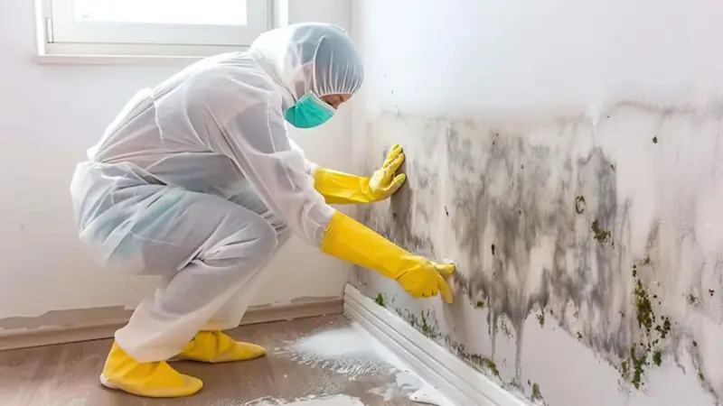 Worker in protective gear and yellow gloves cleaning mold along a baseboard