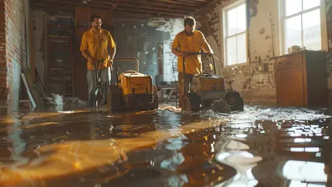 Two workers using extraction equipment in a flooded room