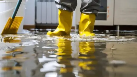 Yellow rubber boots and a squeegee in standing water on a kitchen floor